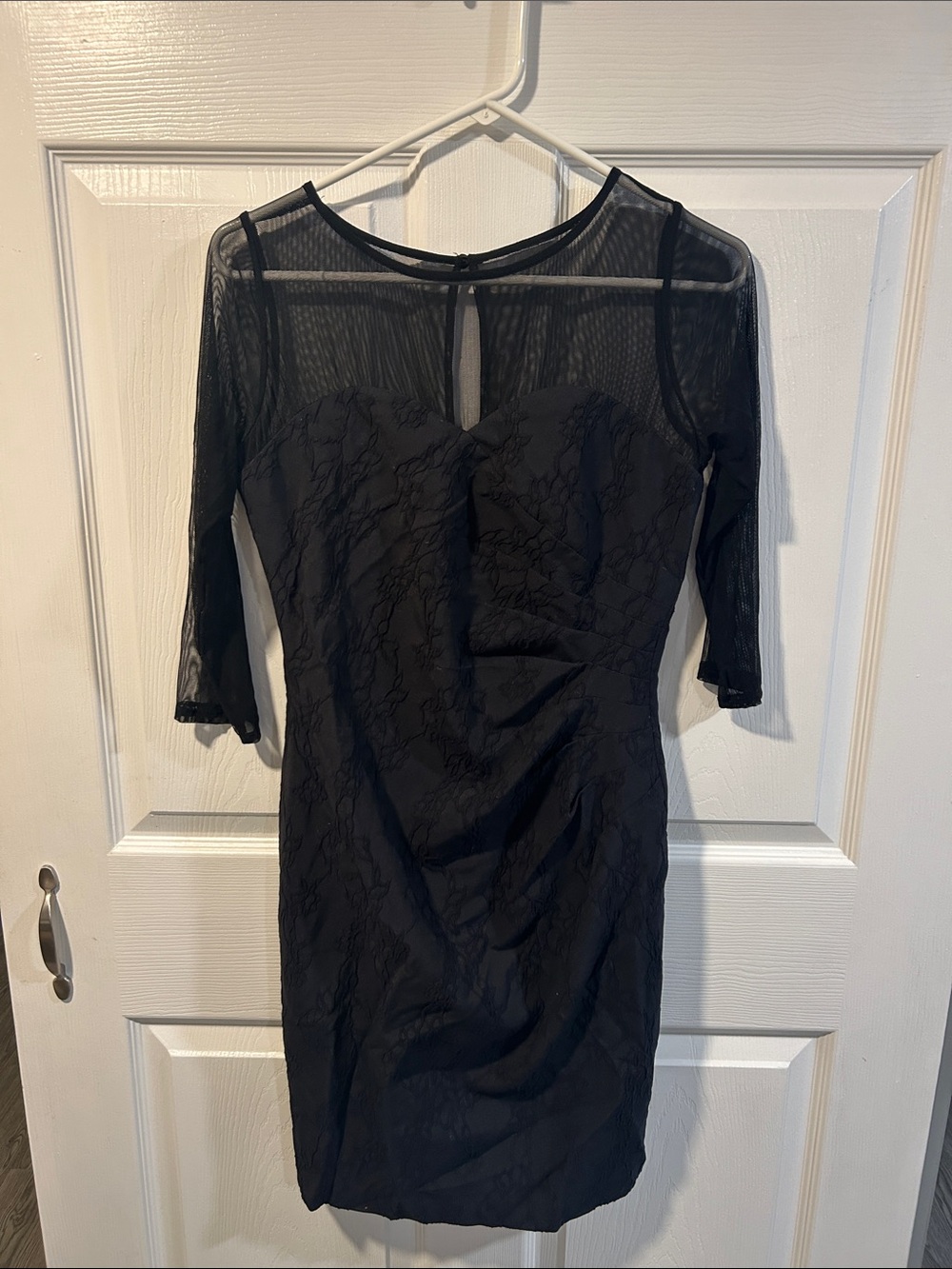 Adrianna Papell Black Lace Sheath Dress with Mesh Yoke and Sleeves
